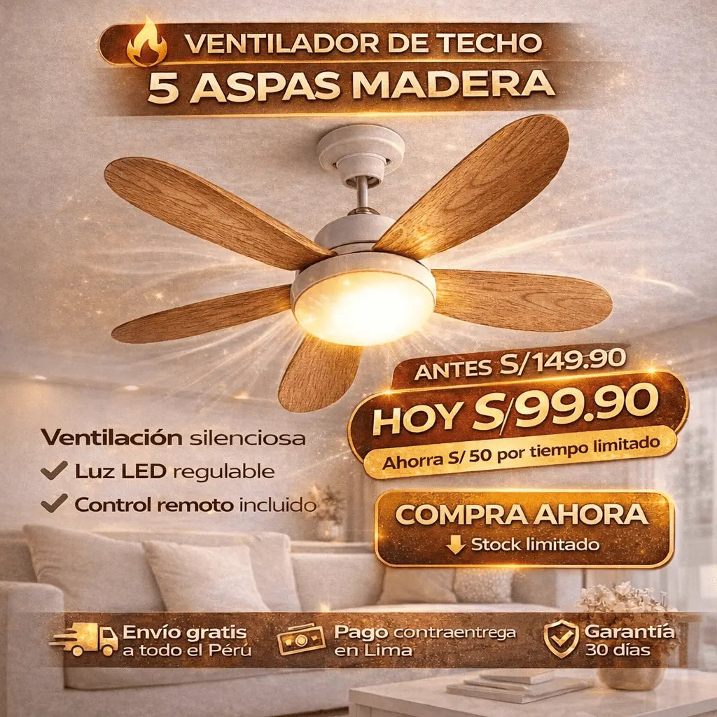 Ventilador de 5 aspas color madera 🪭